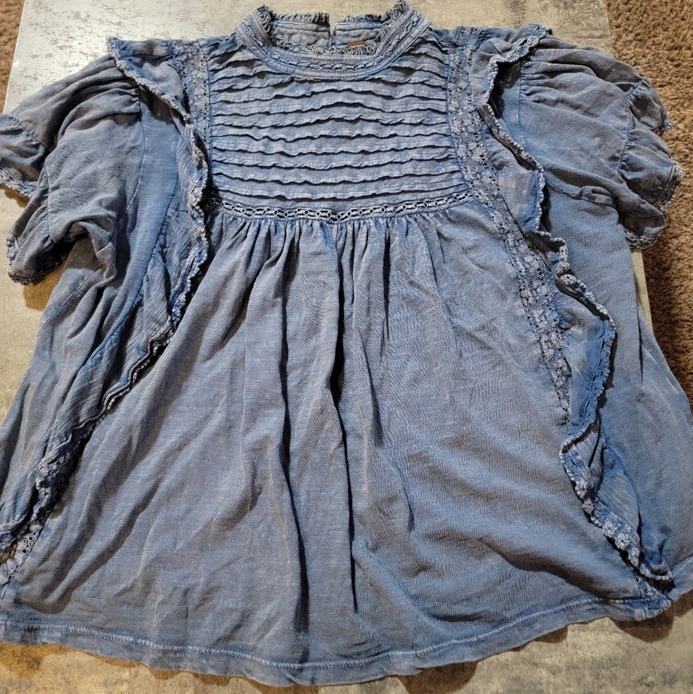 Free People Boho Chambray Short Ruffle Sleeve Top Small